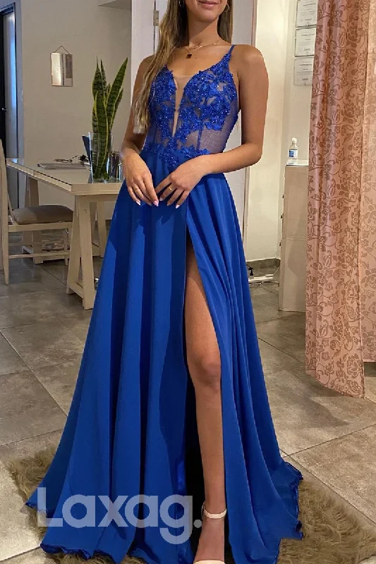 17785 - Plunging V-Neck Lace Appliques High Split Long Prom Dress