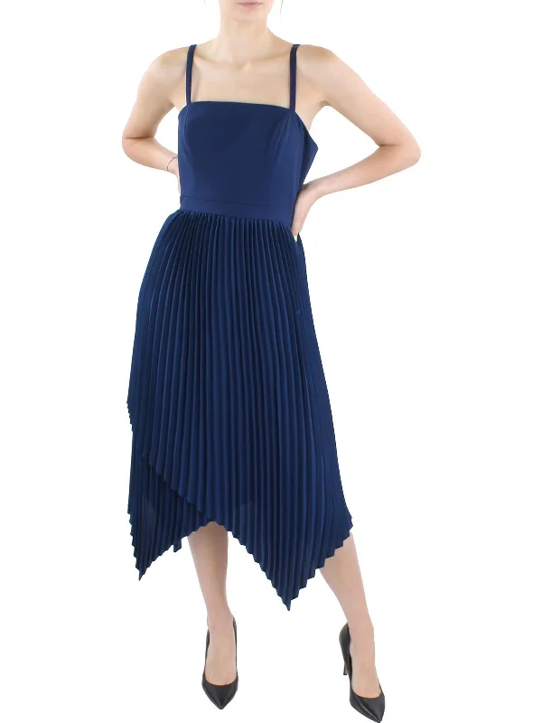 Womens Pleated Midi Cocktail and Party Dress