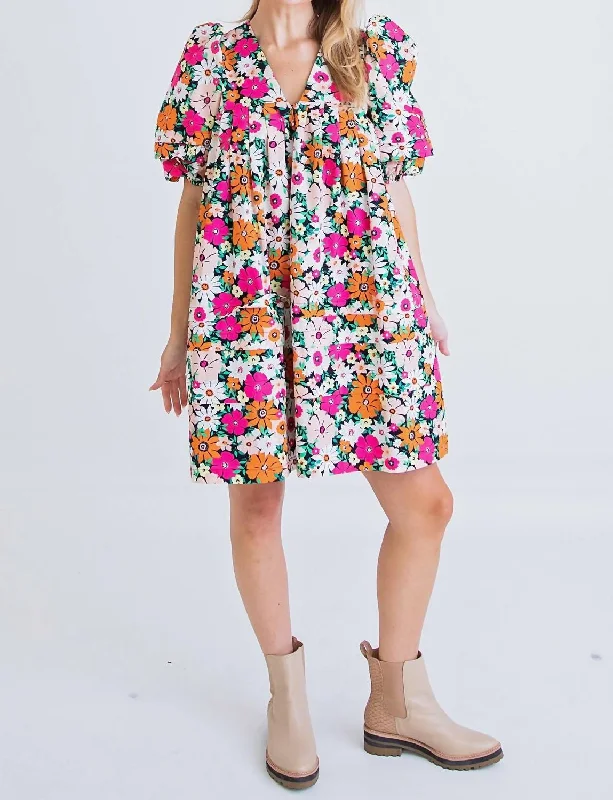 Floral Puff Sleeve Dress In Black