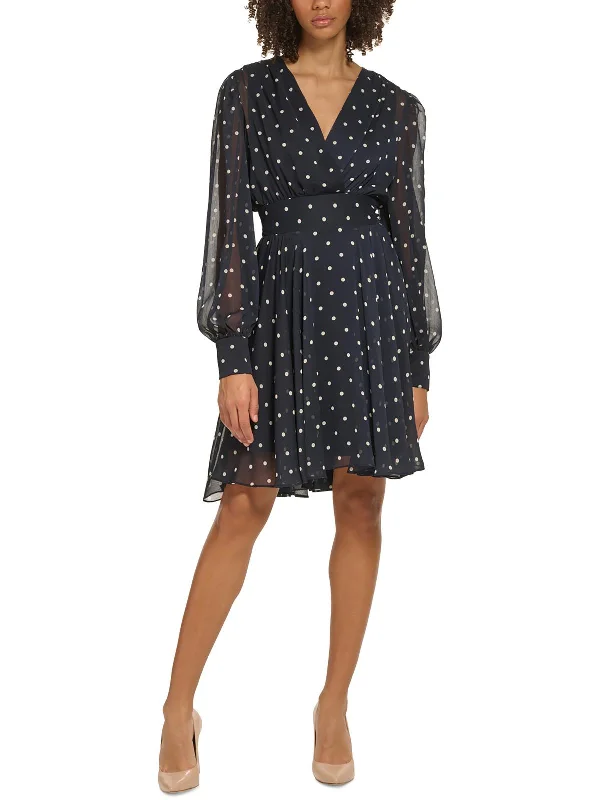 Womens Chiffon Polka Dot Fit & Flare Dress