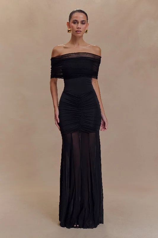 Caspian Slinky And Mesh Off Shoulder Maxi Dress - Black