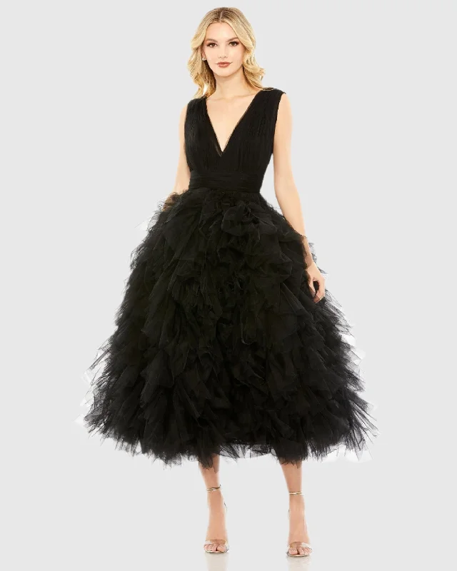 Ruffled Sleeveless V-Neck A Line Tulle Dress