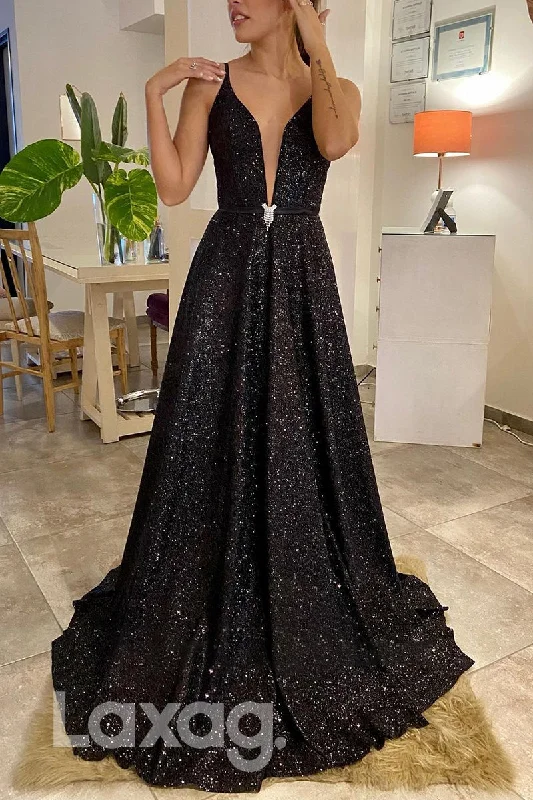 17796 - Plunging V-neck Black Sequin Sparkly Prom Dress