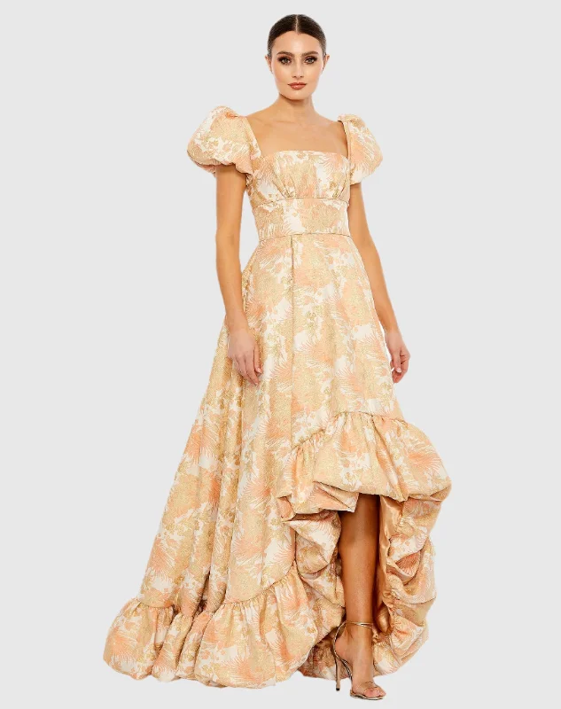 Orange Floral Print Puff Sleeve High Low Brocade Gown