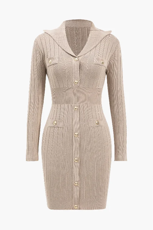 Knit Button V-Neck Hollow Out Long Sleeve Dress