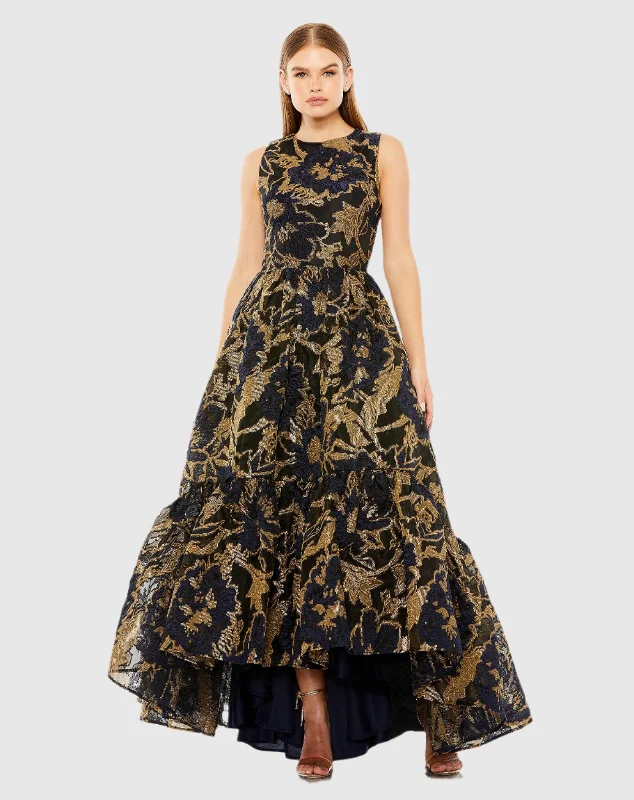 Navy and Gold Sleeveless High Low Brocade Gown