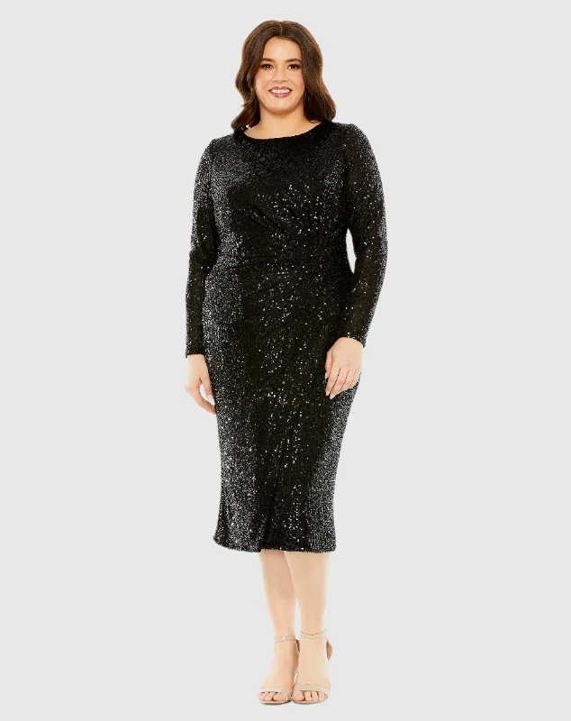 Black Long Sleeve Sequin Gathered Waist Dress