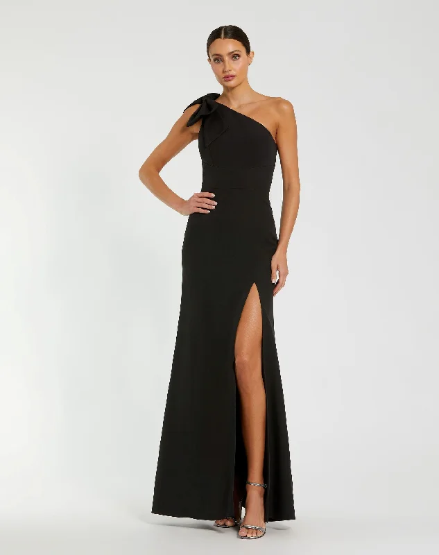 Black Crepe One Shoulder Fitted Gown With Bow