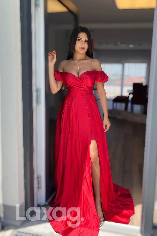 17770 - Off Shoulder Red Satin Long Prom Dress with Slit