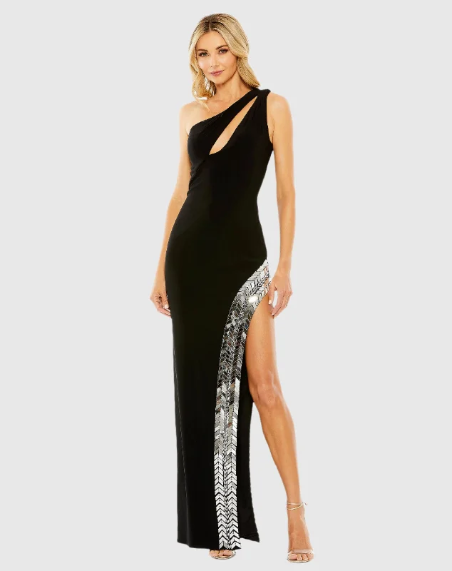 Black One Shoulder Cut Out Mirror Sequin High Slit Gown