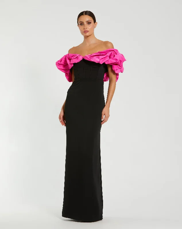 Black Crepe & Faille Off The Shoulder Gown