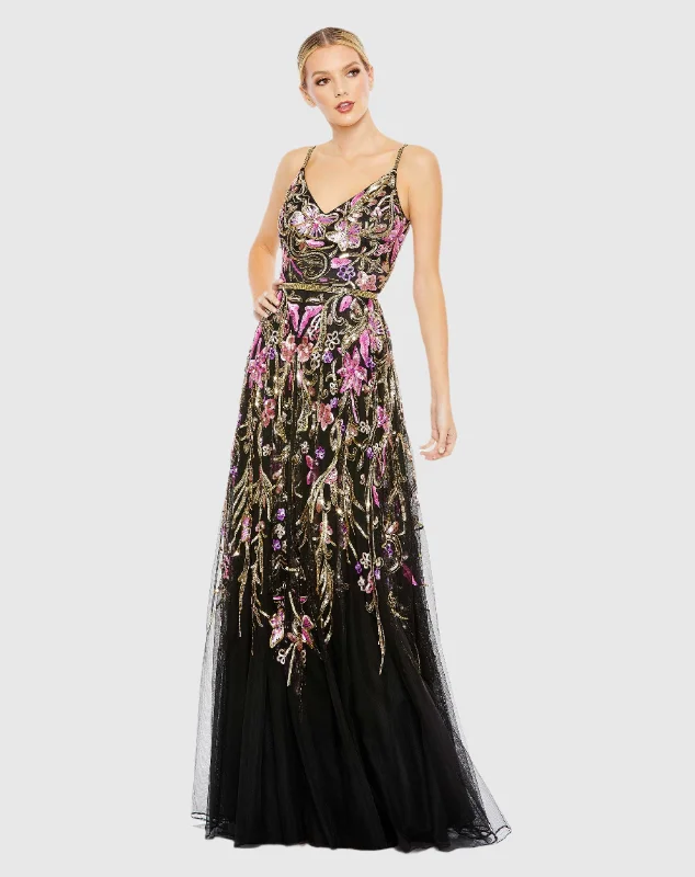 Black V Neck Floral Embellished Spaghetti Strap Gown