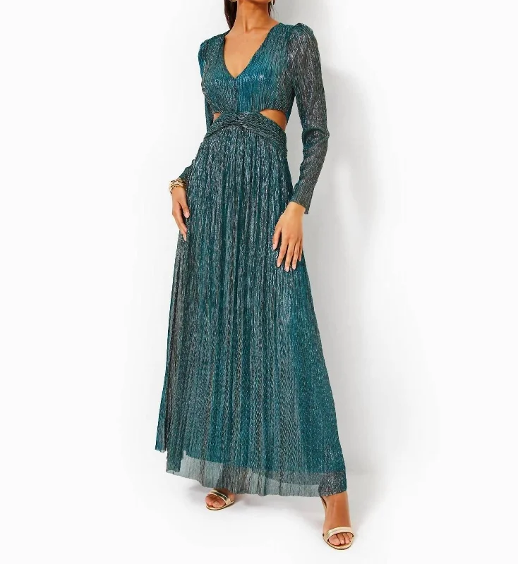 Latrice Long Sleeve Maxi Dress In Blue Rhapsody Metallic Knit Crinkle