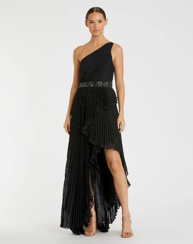 Black Pleated One Shoulder Asymmetrical Ruffle Hem Gown