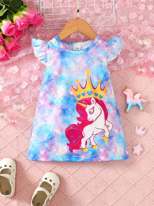 Unicorn Graphic Round Neck Ruffled Dress