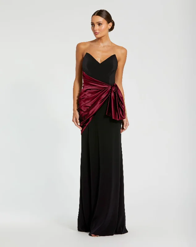 Two Tone Draped Strapless Trumpet Gown