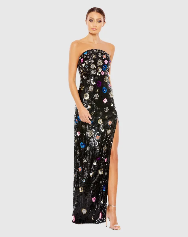 Black Floral Sequined Strapless Column Gown