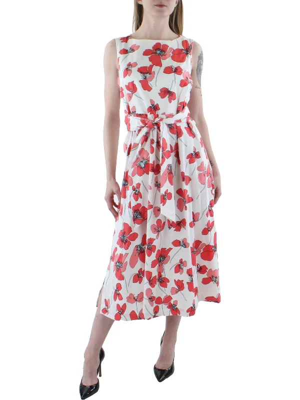 Womens Floral Belted Midi Dress