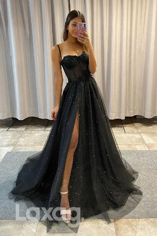 17787 - Spaghetti Straps Lace Applique Long Prom Dress with Slit