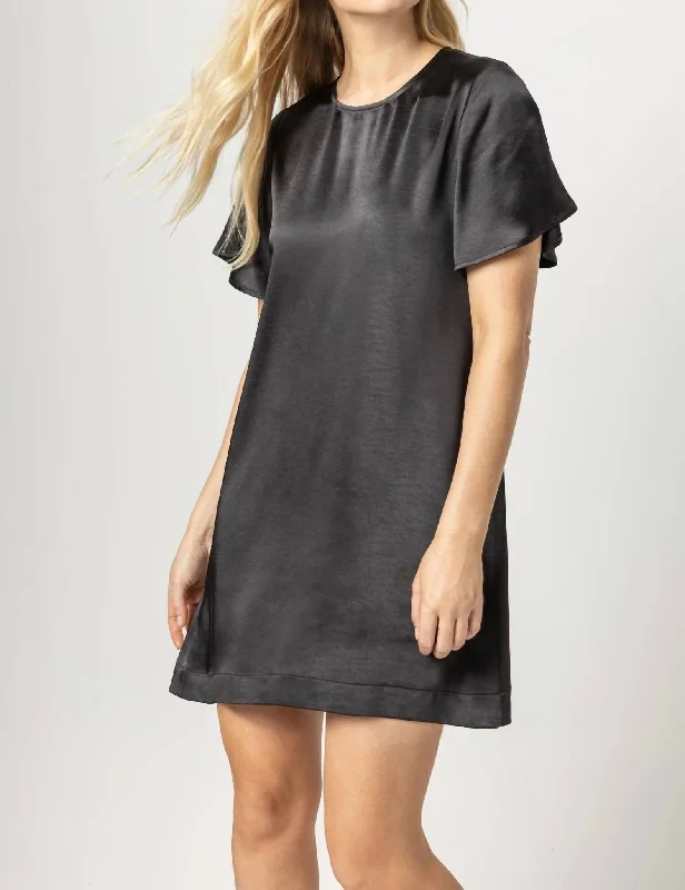 Flutter Sleeve Satin Dress In Black