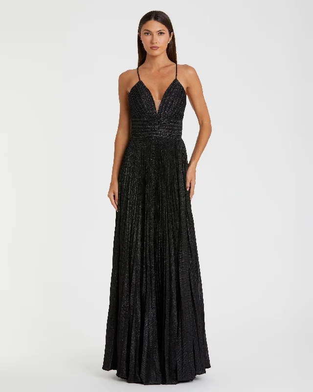 Black Shimmer Pleated V-Neck Gown