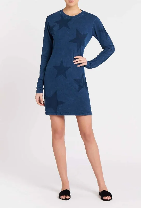 The Long Sleeve Beatnik Dress In Washed Blue Ground With Stars