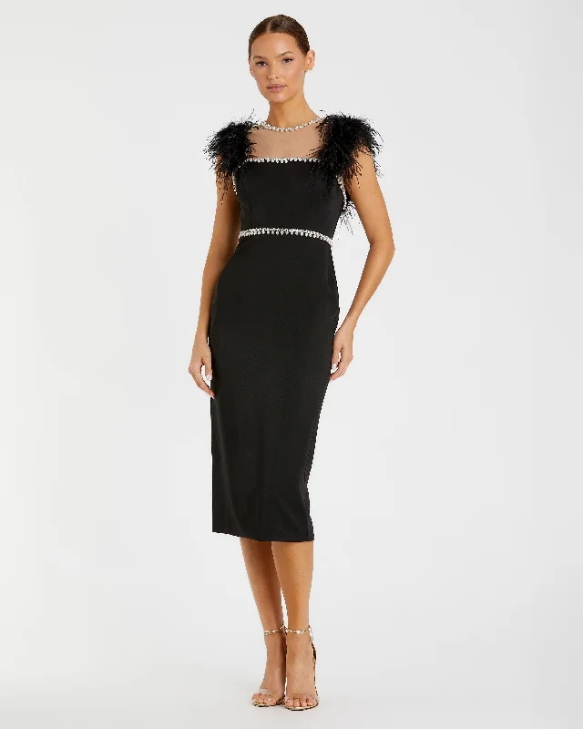 Black Feather Cap Sleeve Pearl Embellished Tea-length Fit Dress