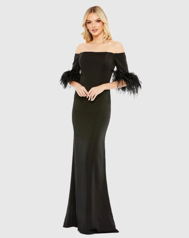 Black Feather Trim Off The Shoulder Column Gown