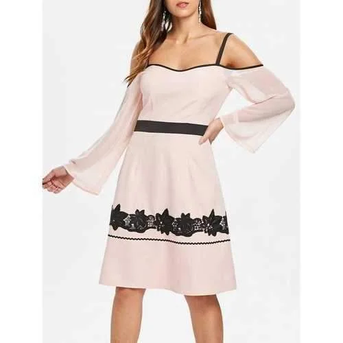 Contrast Trim Casual Flared Dress - Pink Bubblegum S