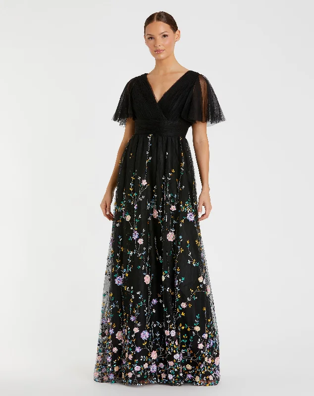 Black Embroidered Illusion Butterfly Sleeve V Neck Gown