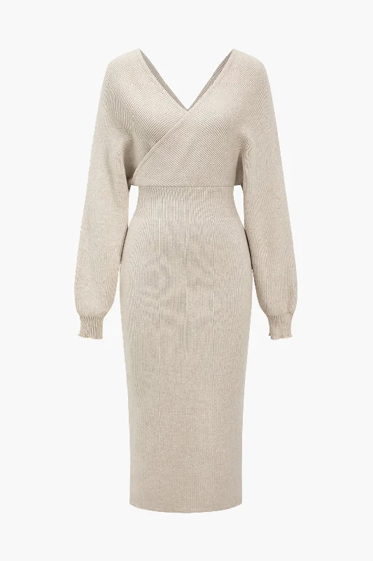 Knit Long Sleeve V-Neck Slit Dress