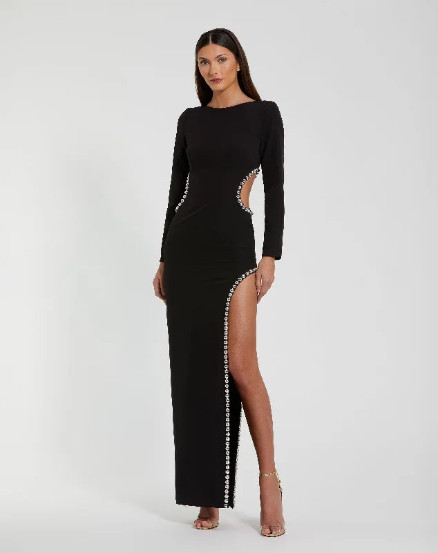 Black Crepe Long Sleeve Gown With Beaded Cut Outs