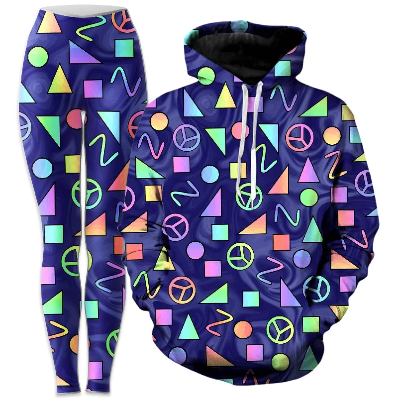 Retro Shapes Peace Symbols Blue Hoodie and Leggings Combo