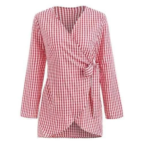 Gingham Front Tie Blouse - Red M