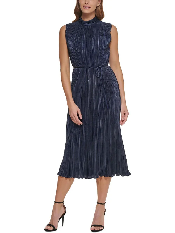 Womens Satin Pleated Midi Dress