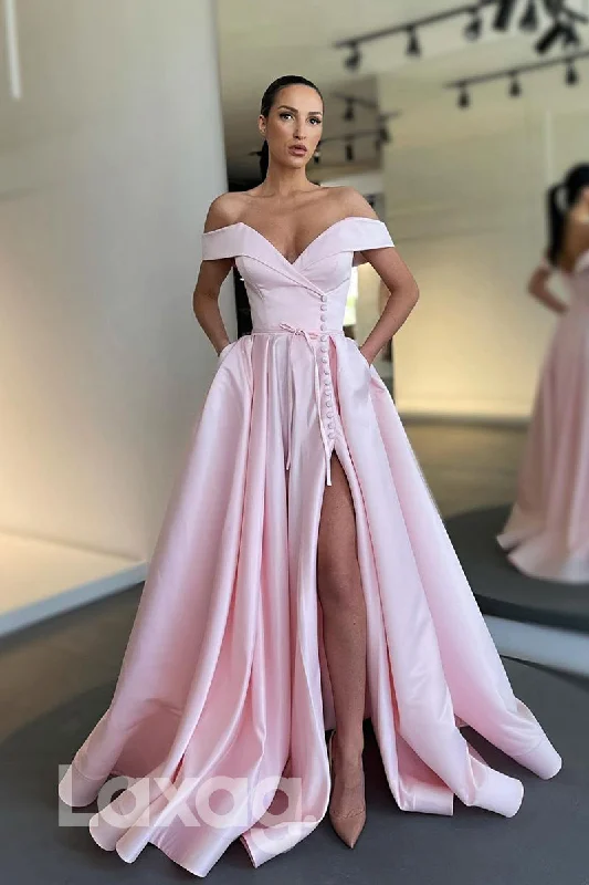 17735 - A-line Off-the-Shoulder Split Long Prom Dress with Pockets