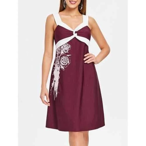 Color Block Rose Pattern Dress - Red Wine S