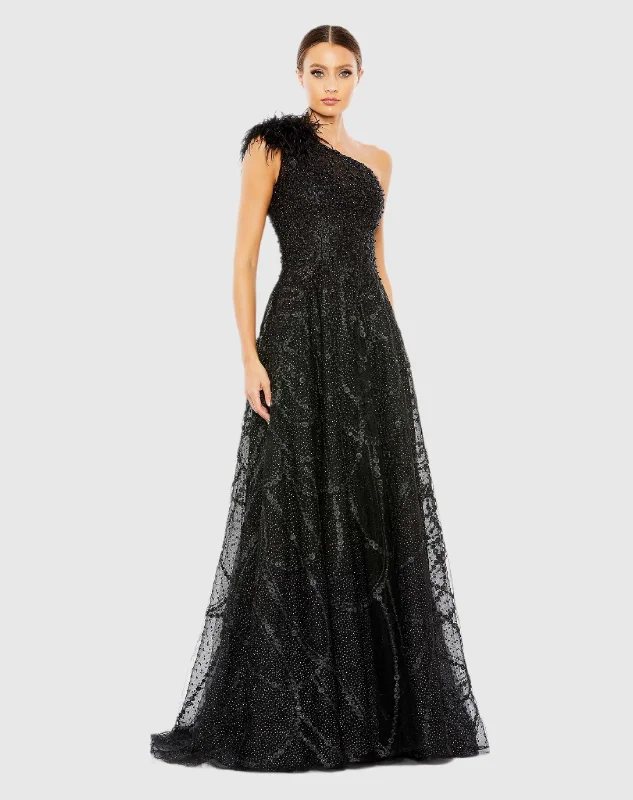 Black Embellished One Shoulder A Line Gown