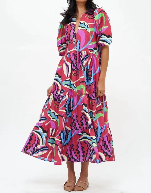 Puff Sleeve Maxi Dress In Rhubarb Fergana