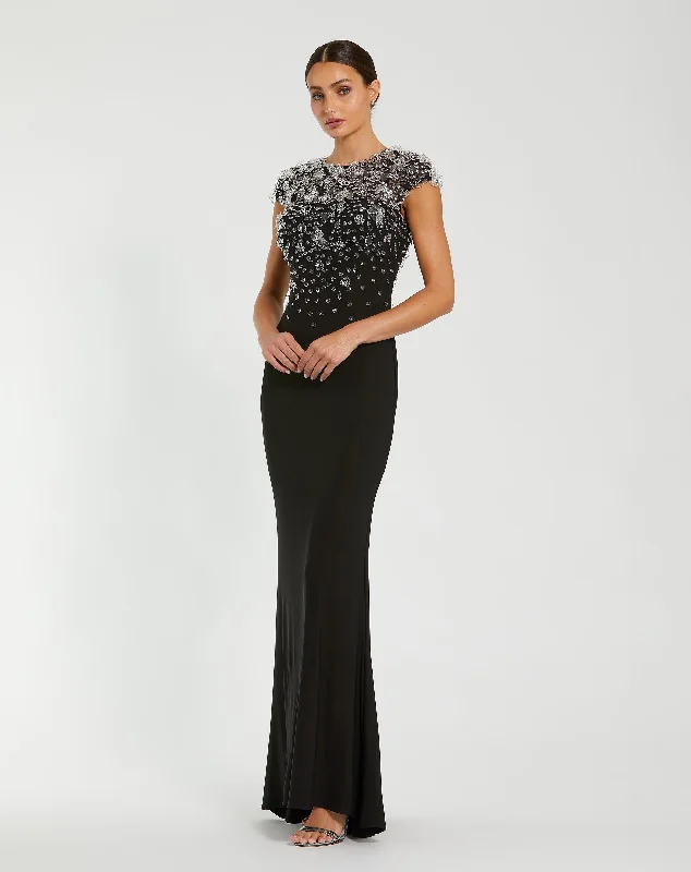 Crystal Embellished Jersey Fitted Cap Sleeve Gown