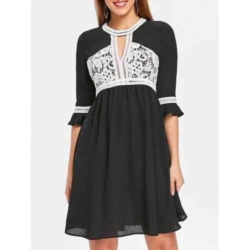 Two Tone Lace Trim Casual Dress - Black S