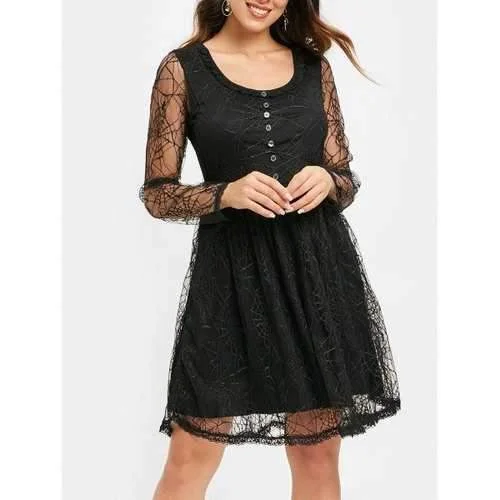 Full Sleeve Spider Web Lace Flare Dress - Black M