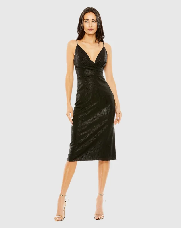 Black Metallic V Neck Midi Dress