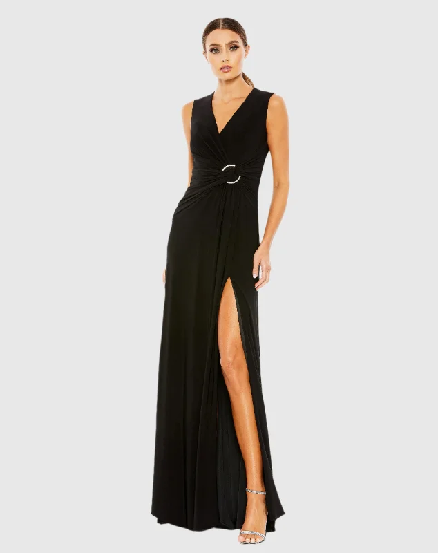 Draped Side Knot Jersey Gown w/ Rhinestone Ring