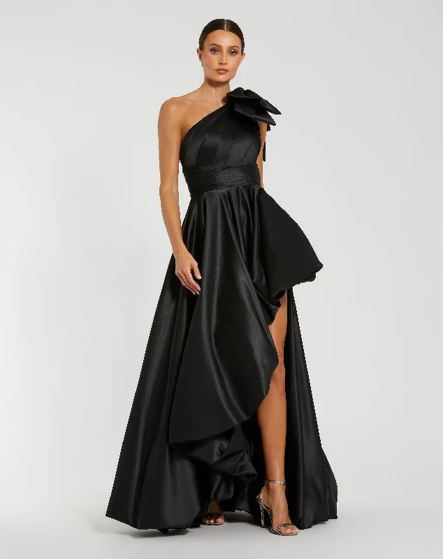 Black Satin One Shoulder Bow Gown