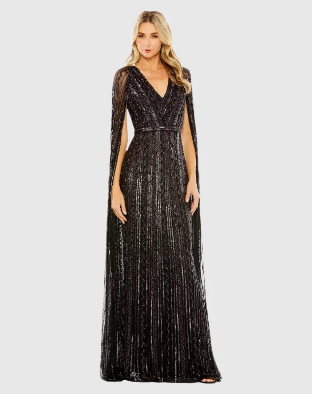 Black Sequined V-Neck Gown with Cape Sleeves