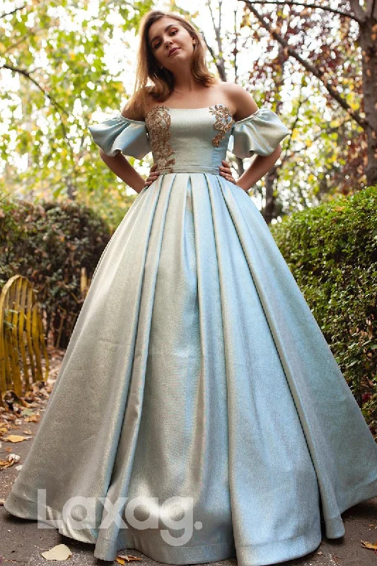 17772 - Off Shoulder Short Sleeveless Appliques Long Prom Ball Gown