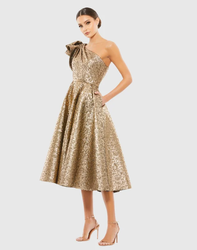 Bronze One Shoulder Bow Midi Dress