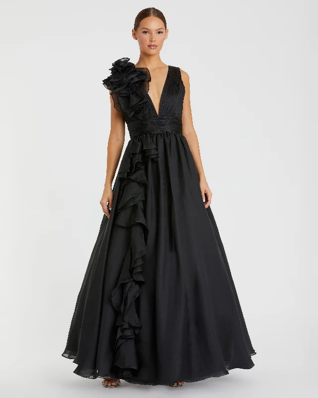 Black Ruffle Shoulder V-Neck Chiffon Gown