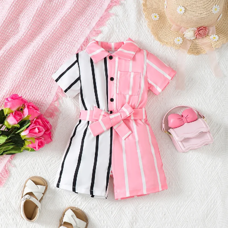 Striped Two-Tone Short Sleeve Tie Waist Romper